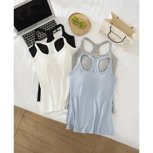 EssElegance Built-in Bra Tank Top for Women | Ribbed Racerback Cropped Camisole with Removable Pads | Wireless Supportive Workout Yoga Top | Stretchy Athletic Basics Sleeveless Tee | Going Out Everyday Summer Essential Bra Cami Multi-Color high elasticity