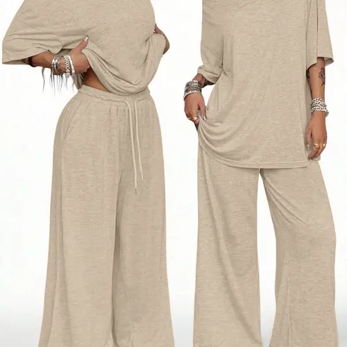 Spring Women's Casual Solid Color Sport Two-Piece Set, Short Sleeve Top & Loose Long Drawstring Wide Leg Pants, Slant Neck Pants, Comfortable and Stylish, Casual Sportswear Set