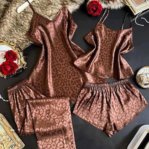Women's 4-Piece Pajama Set, V-Neck Spaghetti Strap Dress & Round-Neck Top Comfortable Shorts & Pants, Loungewear lingerie nightwear for Romantic Evenings