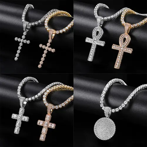 【Cross Pendant+ Full CZ Necklace】4MM CZ Brass Tennis Necklace Round Cubic Classic Hiphop Style Trendy Elegant For Women For Men chain