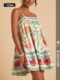 【Black Friday】Women's Casual Vacation Beach Summer Floral Print Spaghetti Strap Boho Sundress, Bohemian Style Dress, Flowy Summer Dress