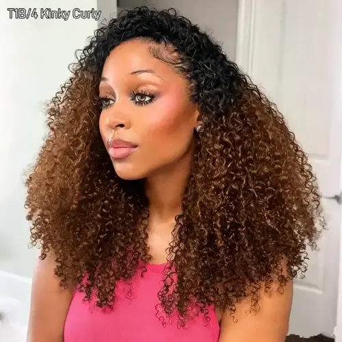 Tuneful Colored Kinky Curly Half Wig T1B4 Human Hair 180% Density Wear and Go Glueless Wig with Drawstring Spiral Curly Ends 3 in 1 Flip Over Headband Wig Beginner Friendly for Black Women