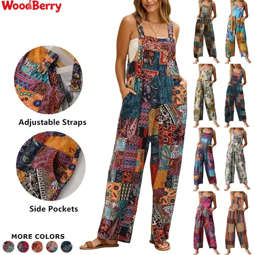 Women's Patchwork Bib Aztec Dungarees - Loose, Colorful Ditzy Floral Print Boho Cotton-Polyester Jumpsuit, Wide Leg Ankle Length, Button Front, Quick On-Off, Pockets, Cute Beach Dating Wear
