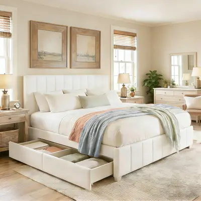 Garvee Queen Size Platform Bed Frame with Storage Drawers, Upholstered Bed Frame Linen Headboard Adjustable, Wooden Slats EVA Noise-Free, No Box Spring Needed, White