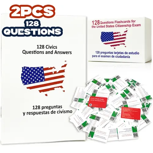 STICQUE 2pcs 2026 US Citizenship Bilingual Cards, USCIS 128 Questions & Answers Study Guide (Spanish & English) for Test Preparation summerwins