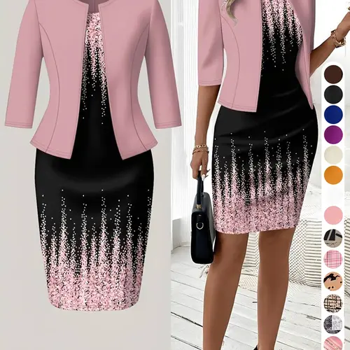 (short skirt) (small size) (general fabric) (printing design) Spring, summer and autumn knitted cardigan blouse with slim waist and printing design; classic straight dress, two-piece suit, suitable for women; elegant chic wedding guest dress