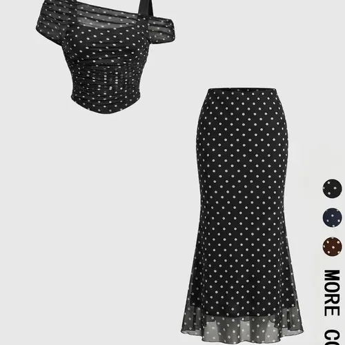 2 Piece Mesh Outfit Set for Women, Chic Cold Shoulder Ruched Crop Top and High Waist Mermaid Midi Skirt for Date, Matching Skirt Set, Summer Outfit Set