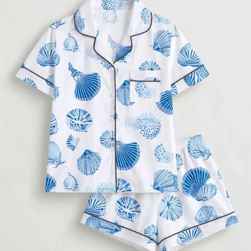 Summer Ocean Theme Shell Print Pajamas, Blue Shell Print Matching Sleepwear Set, Casual Short Sleeve Shorts Set, Versatile Home Wear Loungewear, Homewear
