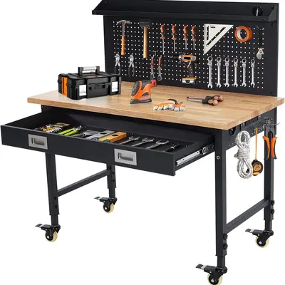 Garvee 48” Adjustable Workbench with Drawer Storage, 2000 LBS Load Capacity Heavy Duty Workstation with Power Outlets, Rubber Wood Top Worktable for Garage, Office,Workshop, Commercial