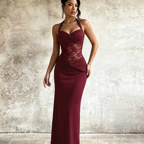 Elegant Halter Neck Lace Dress, Feminine Women's Ruched Evening Gown, Perfect for Special Occasions, Chic Formal Wear, Elegant Fashion Dress, Elegance