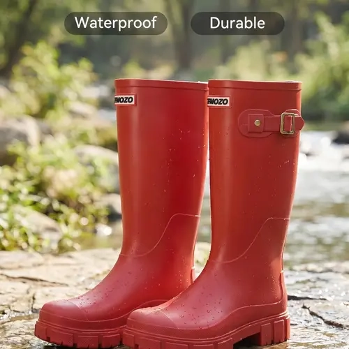 Women's Mid-Calf Rain Boots, Rain Shoes, Waterproof Anti-Slip Design, PVC Sole, Classic Style, Height-Boosting, Comfortable Insole, Round Toe, Size Up