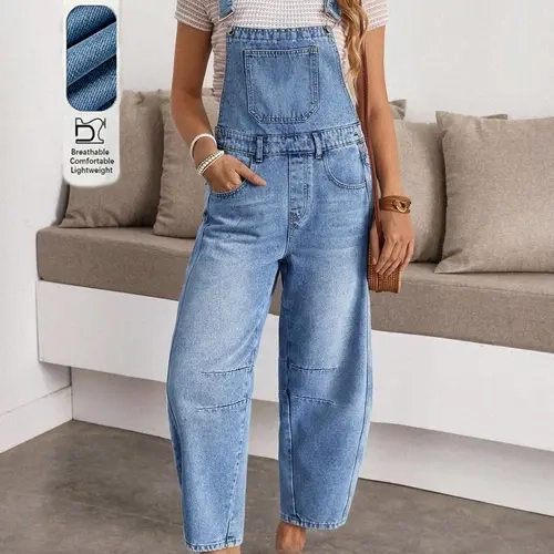 Women's Simple Everyday Casual Dungarees, Fashionable and Comfortable, Denim Bib Overalls Loose Fit Overalls Light Wash Barrel Leg Loose Jumpsuit With Adjustable Straps & Pockets, Versatile for All Seasons, Street Style, Trendy and Cozy