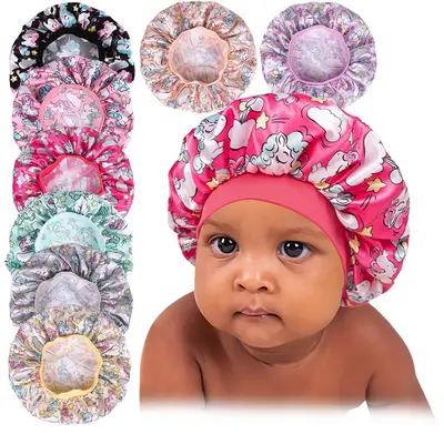 Kids' Cute Satin Sleep Bonnet - Soft Printed Haircare Cap, Reusable Breathable Shower Hat, Lightweight Comfortable Baby Accessories for Nighttime Sleep & Bath Routine,summerwins