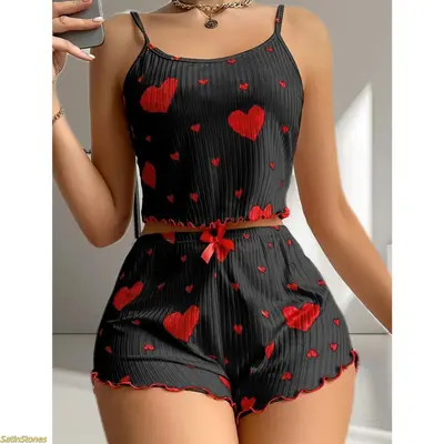 Women's 2-Piece Spaghetti Strap Pajama Set - 2026 New Summer Sleeveless Camisole & Shorts with Heart Print, Youthful Nightwear Loungewear