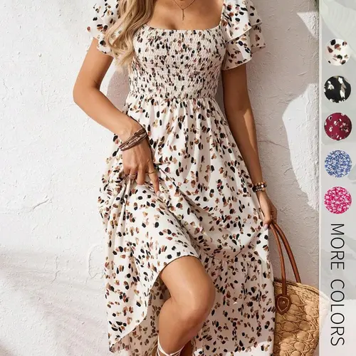 Women's Casual Print Ruffled Dress, Gathered Design, Bohemian Style, Suitable for Beach, Vacation, Dates, and Daily Wear, Summer Womenswear, Women's Long Dress