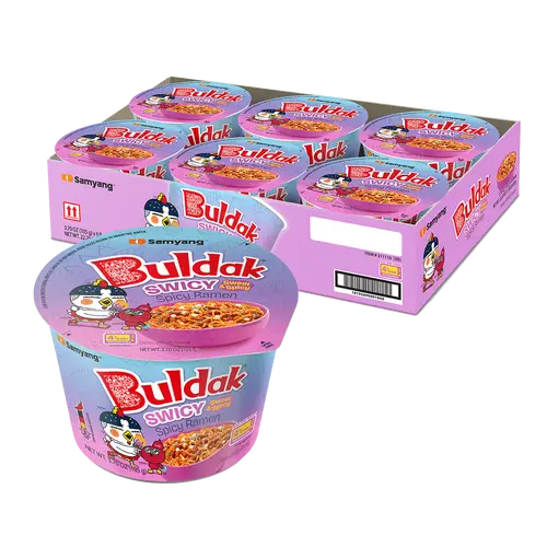 Buldak Swicy Sweet Spicy Hot Chicken Korean Big Bowl Instant Ramen Noodles (6-Pack Ready), 69g Servings, 7g Key Ingredients, 410 Calories, 4 Months Shelf Life, Corn Starch, Onion, Salt, Asian Pantry Food, Easy-Prep Ambient Cupboard Staple