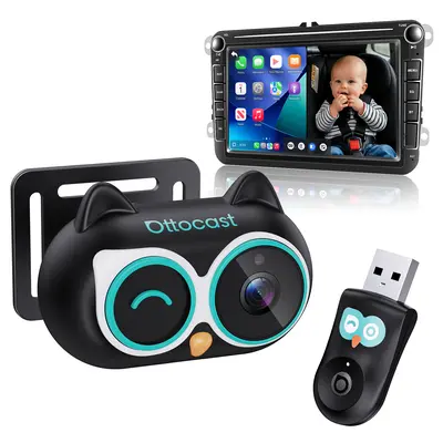【CHECK COMPATIBILITY】OTTOCAST Baby Car Camera & Wireless CarPlay Adapter: 1080P HD Rear Seat Monitor Display on Car Screen, 150° Wide Angle, No-Glow Night Vision. Safety for Kids & Infants—Only for Vehicles with Wired CarPlay.
