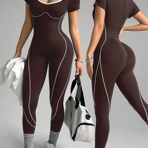 Women's Seamless Knit Yoga Jumpsuit, Sporty Jumpsuit, Stretchy Quick-Dry Activewear, Form-Fitting Short-Sleeve Workout One-Piece for Pilates, Cycling, and Training