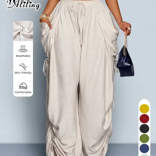 Aliling Women's Summer Casual Basic Solid Color High-Waisted Wide-Leg Bottom Pants, Adjustable Drawstring Side Regular Fit Pants for All Seasons