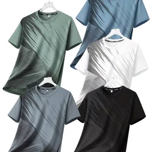 Men's 5-Pack Quick-Drying Stretch Polyester Crew Neck Short Sleeve Printed Activewear T-Shirts - Workout-Ready Fit, Breathable Fabric, Outdoor Training, Athleisure Gym Daily Tops