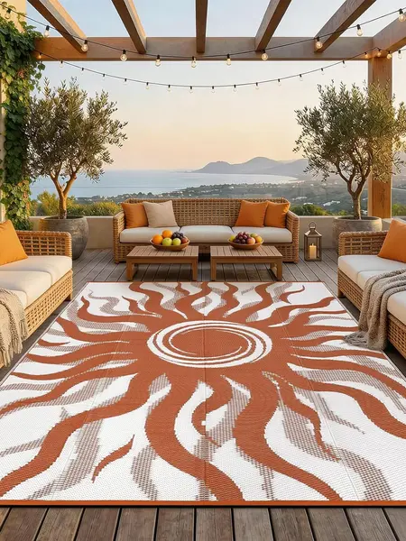 Outdoor Rug Patio Waterproof, Reversible Plastic Straw Rugs for Camping, Picnic, Balcony, Porch, RV, Easy-Clean & Quick Dry Sun Pattern Large Indoor Outdoor Carpet