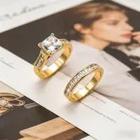 Women's 2-Piece Classic Gold-Tone Princess Cut Rings Set - Matching Promise & Engagement Rings, Accessories for Women, Romantic Love Gift Jewelry