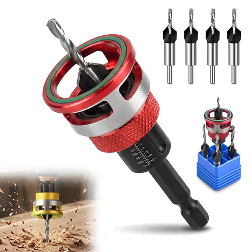 LIZVOR 4-Piece HCS Countersink Drill Bit Set, 1/4"-Hex Shank Wood Drilling Bits with Adjustable Depth Control Collar & Non-Marring Bearing, Fit Most Drill Presses for Chamfering, Carpentry Woodworking Kits, 4 Countersink Drill Bits