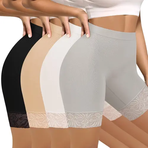 Morelect Women's 4-Pcs High-Waist Capri Panties for Women - Elegant, Lightweight Basic Fabric, Invisible Elastic Waistband, Seamless Stretch, Breathe-Easy Hem, Lace Cuffs, Smooth Under Tees/Leggings, Normal Type Spring Summer Casual Wear