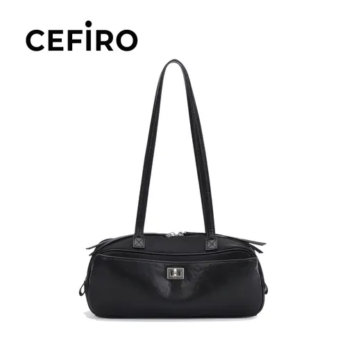 CEFIRO Urban Baguette Bag - Elegant Black Shoulder Bag with Fixed Shoulder Strap and Secure Zip Closure
