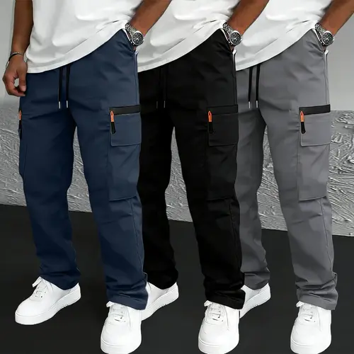 Men’s multi-pack solid-color tactical casual pants featuring multiple pockets and decorative zipper design (no rear pockets), made from lightweight, non-see-through 130 g new fabric, available in various colors (plus sizes available), suitable for everyda