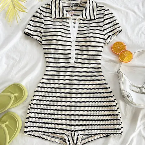 Women's Fashion Comfortable Stylish Striped Short Sleeve Fitted Romper, Casual Summer Comfortable Everyday Daily Wear Pant Rompers