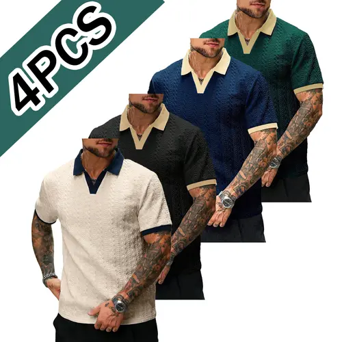 Men’s 4-Pack Color Block Jacquard Polo Shirts Set - Basic, Classic, Stylish, Breathable, Versatile Sports Menswear Tops, Smart Casual for Golf & Everyday Wear (A Type)