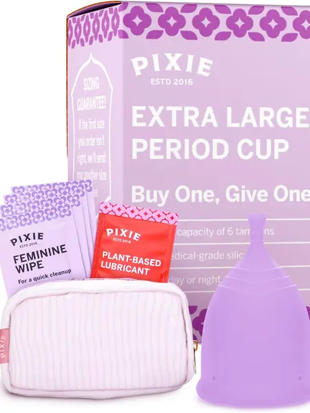 Pixie Cup - Soft, Safe, Reusable Menstrual Cup - Ranked 1 for The Best Tampon Alternative - 100% Medical-Grade Silicone Period Cup for Feminine Care - Buy One We Give One (Extra Large, Purple)