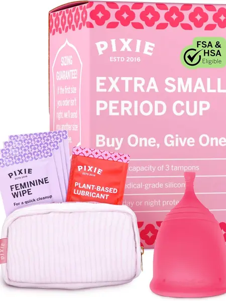 Pixie Menstrual Cup - No Metals or Toxins - Ranked 1 for The Most Soft Reusable Period Cup - Wear 12 Hours - 100% Medical-Grade Silicone - Tampon Alternative - Buy One We Give One - (Extra Small, Pink)