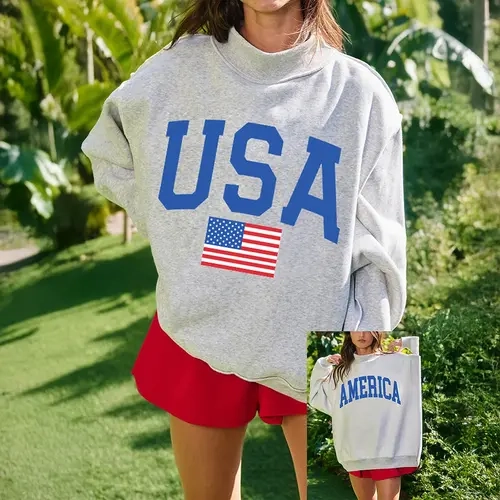 Mntaor Women’s 4th of july Cozy Reversible USA/America Graphic Sweatshirt– Light Grey Mock Neck,Soft Pullover for Holiday Gifts, 4th of July Parties& Relaxed Outfits Casual Hoodie