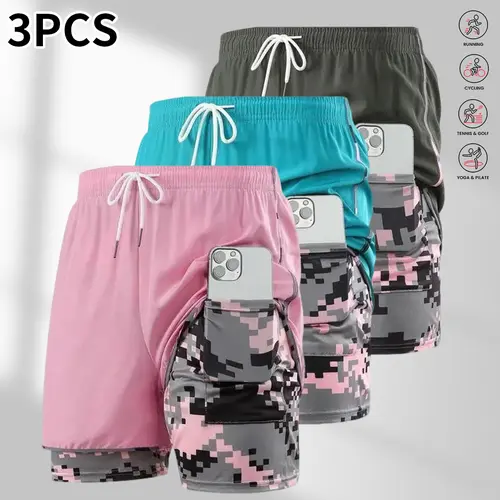 Women’s 3-Piece Fitted Casual Athletic Activewear Shorts Set - Faux 2-Piece Design, Elastic Waistband, Adjustable Drawstring, Quick-Dry Fabric, Pockets, Side Mesh Pockets - Ideal for Fitness Training, Running