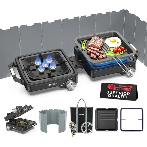ARTFLAMM 29000 BTU 2 Burner Camping Stove with Windshield, Propane Camp Stove, Portable Folding Gas Stove, Camping Essentials Gear Includes Frying Pan, Coffee Stand & Carry Bag toolupgrade