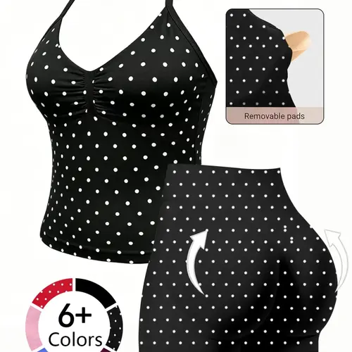 Fashionable Sports Set for Fitness Enthusiasts, Polka Dot Print Halter Top and Shorts, Summer Activewear for Gym Yoga Running