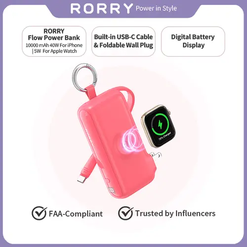 RORRY Flow Portable Compact Power Bank, 10000mAh Battery Pack, 40W Fast Charging Mobile Chargers, Built-in USB-C Cable, Foldable Plug for Apple Devices MacBook, Travel Essentials techvibes