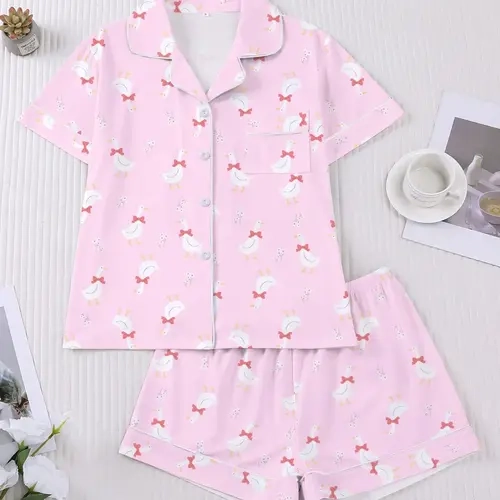 Women's Summer Pajama Set, Cute Cartoon Print, Button Front, Fitted, Casual Style, Matching Loungewear, Short Sleeve Open Cardigan Top & Elastic Shorts, Comfortable Sleepwear Loungewear, Ladies Loungewear, Pjs, Pyjamas