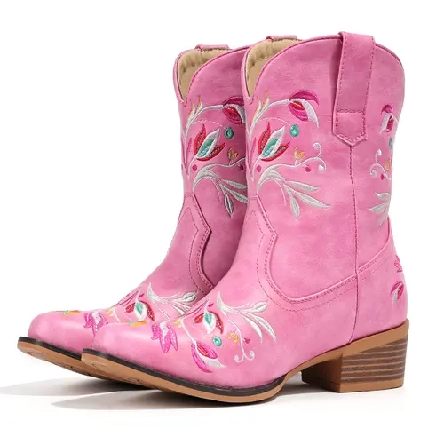 IUV Women's Flower Embroidered Ankle Cowgirl Boots Wide Calf Almond Pointed Toe Western Cowboy Style Chunky Heel Pull On Short Boots for Comfort Style Country Concerts