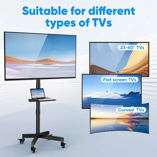 FORGING MOUNT Forged Portable TV Cart (23-65-inch Curved TV Ready), LCD/LED Flat-Panel Stand with Laptop Holder, 15° Tilt, 88 lbs Capacity, 360° Rotation, Lockable Wheels, 130cm Height-Adjustable, Rolls Flat to Floor, Max VESA 400x400mm, Assembly Required