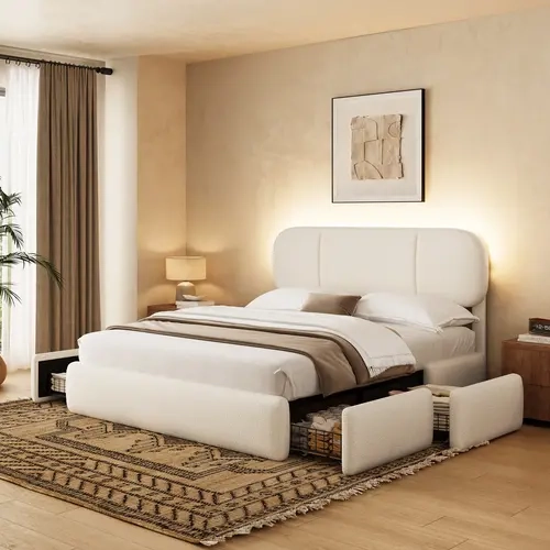 Belffin Beige King Size Boucle Cloud Upholstered Platform Bed Frame - FSC Wood, Adjustable Headboard, 3-Side LED Glow, Remote LED Control, 4 Hidden Under-Bed SteadyLock Drawers, Plush Sides & Footboard, No Box Spring [tiktokshopbacktoschool]