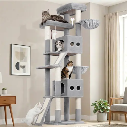 DESKAT 83 Inch Heavy Duty Cat Tree - Cozy Kitten Condo Playground for Large Cats, Multi-Level Activity Center with 2 Deep Hammocks, 2 Top Perches, 6 Sisal Posts, Stable for 3am Zoomies
