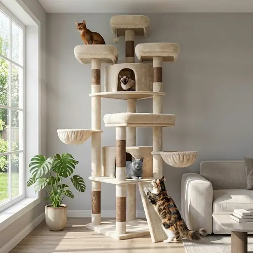 Deskat 80-Inch Tall Indoor Multi-Level Cat Tree for Large Cats - Fabric, 6 Sisal Posts, Durable Scratching Surfaces, 2 Condos, 2 Hammocks, 4 Perches, Scratch Board Zone, Vertical Tower for Climbing & Cozy Sleep