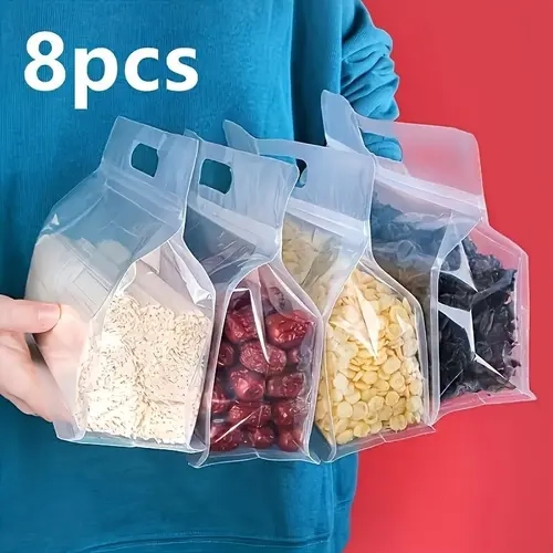 8 Large Reusable Storage Bags with Handles, Leak-Proof and Freezer-Safe, Ideal for Nuts, Grains, Fruits, Travel and Daily Organization, Plastic Food Storage