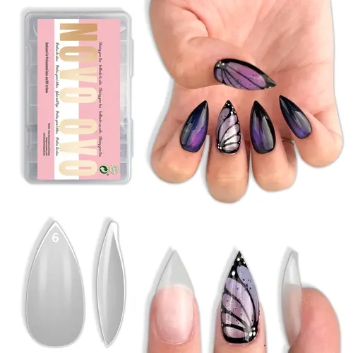 NOVO OVO Short Sharp Stiletto Press-On Nails Set - PMMA Extra Thick Soak-Off Soft Gel, 1.5x Stronger Pre-Shaped Full Cover, 0.94" Max Length Nail Supplies for DIY Home Salon Acrylic Extensions & Accessories