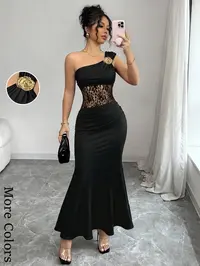 Women's single-shoulder metallic flower fish-tail gown, featuring a one-sided off-shoulder design, waist and belly lace applique figure-hugging evening dress, with a chic and elegant mature style. Perfect for weddings, parties, and formal guest attire