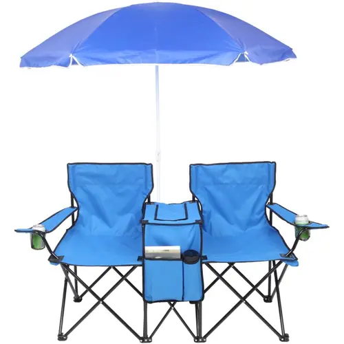 Outvita Unisex Compact Design Folding Double Seat Outdoor Chair - Stable, Supportive, 350+ lb Capacity with Umbrella, Beverage Holders, Cooler, Fold-Up Table, Carrying Bag for Beach (Blue), Folding Chairs