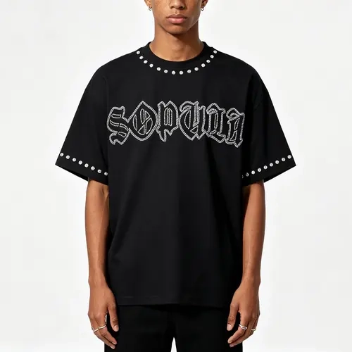 Sopula Studio Men's Casual Menswear Round Neck Short-Sleeve Shining Diamond Font Graphic Rhinestone Cotton Streetwear T-shirt